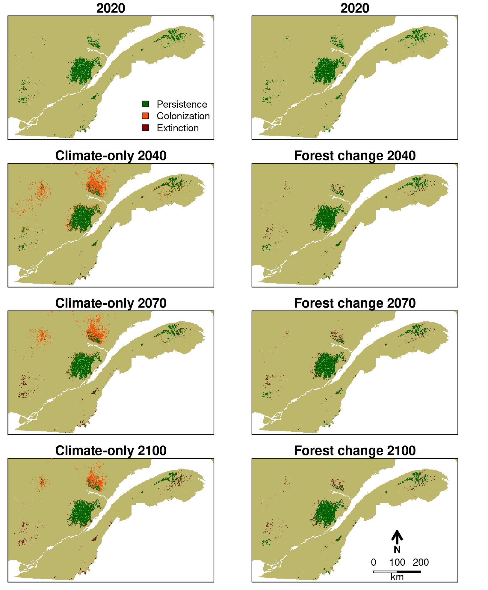 Figure 6: Projected Bicknell’s thrush breeding range between 2020 and 2100 for climate-only and climate-induced forest change scenarios. Projected breeding ranges are presented as colonized, persistent, and extinct patches with 2020 initial distribution as reference. Top two panels show Bicknell’s Thrush’s distribution at initial conditions (2020) and therefore are identical. Lower panels show projections for 2040, 2070, and 2100.